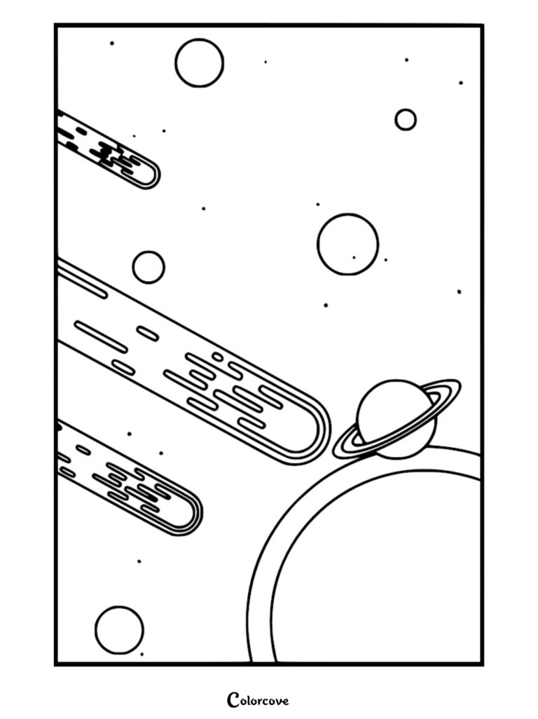 Relaxing Galaxy coloring page featuring multiple comets streaking past a ringed planet and distant stars.