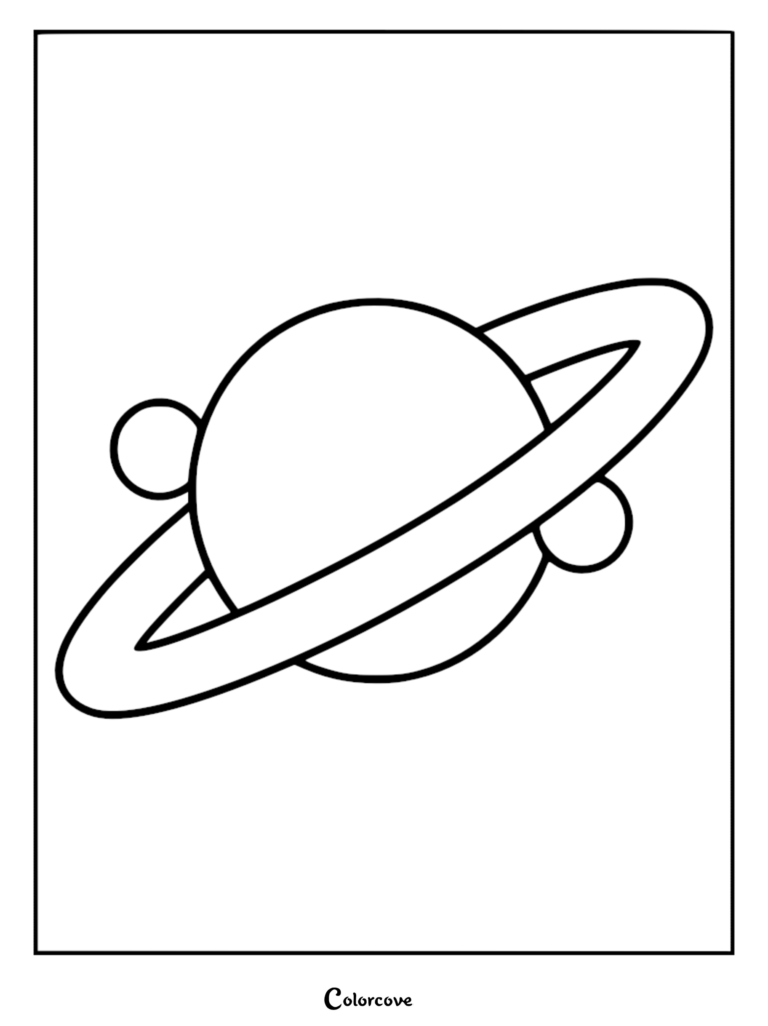 Simple line art coloring page of a ringed planet with two small moons in a relaxing galaxy theme.
