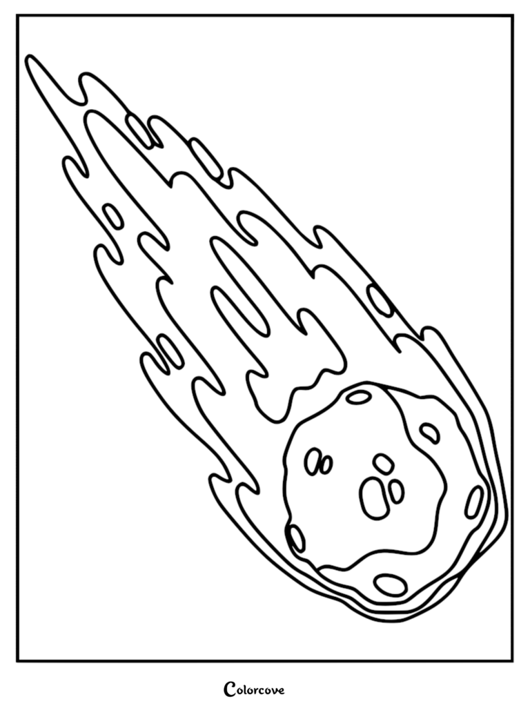 A simple line art coloring page featuring a cratered comet streaking through space with a long, flowing tail.