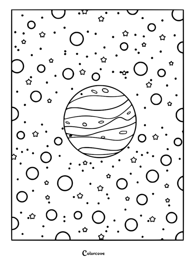 A relaxing galaxy coloring page featuring a central striped planet surrounded by various small circular moons and scattered stars.