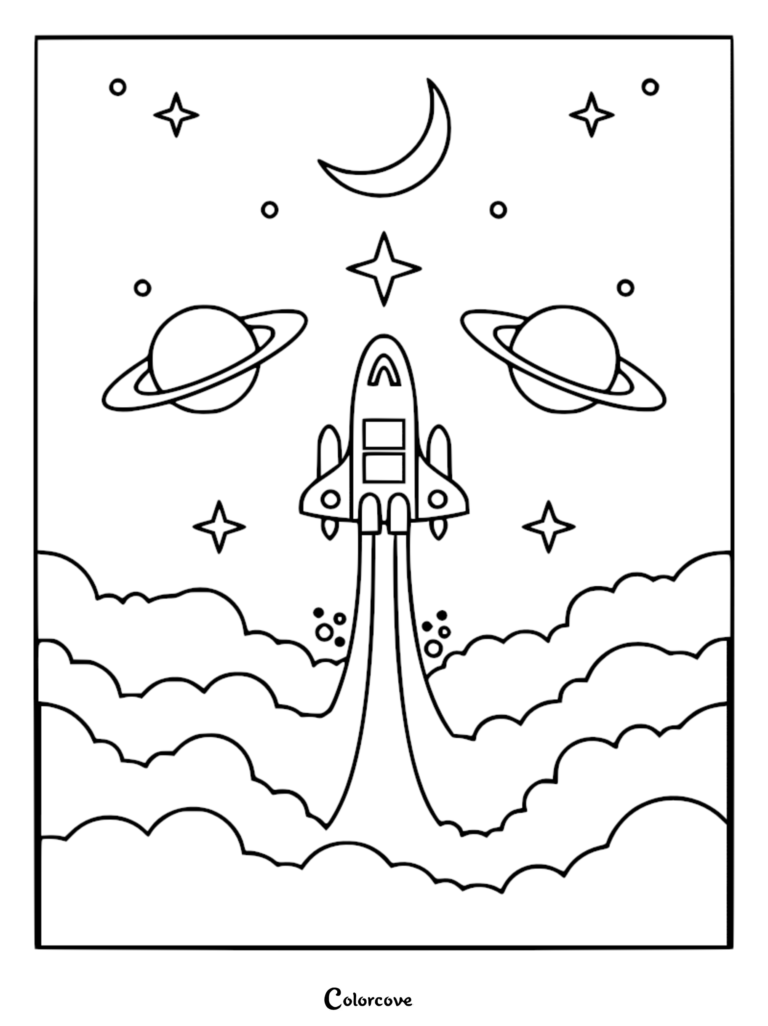 A space shuttle launching through clouds into a relaxing galaxy with planets, stars, and a crescent moon in this printable coloring page.