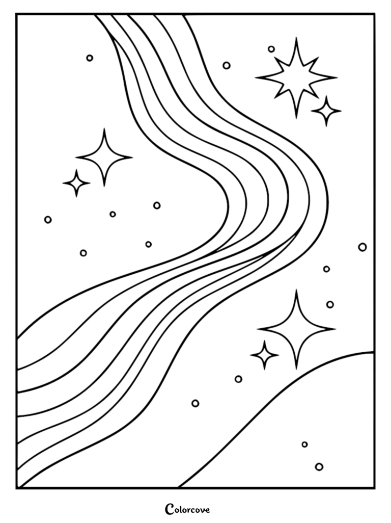 A relaxing galaxy coloring page featuring a flowing cosmic stream surrounded by sparkling stars and small circular planets.