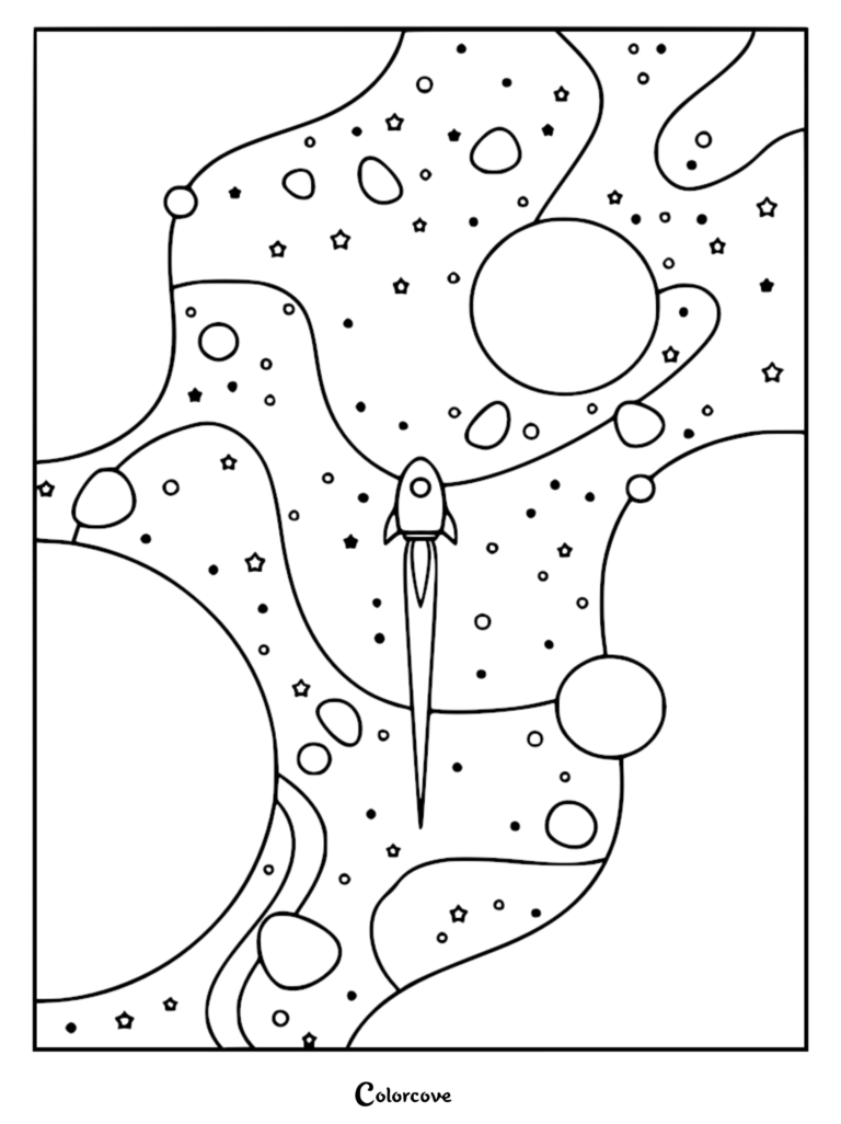 A relaxing galaxy coloring page featuring a small rocket ship flying through space surrounded by planets and stars.