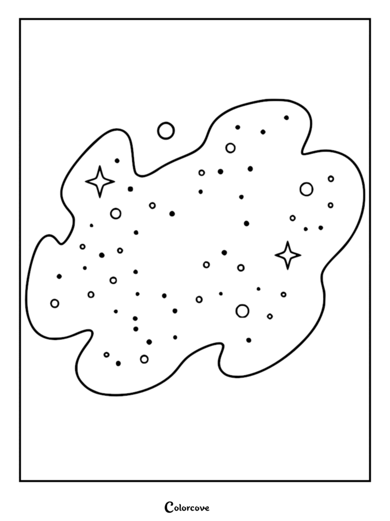 A relaxing galaxy nebula coloring page featuring a swirling cloud shape filled with scattered stars, small circles, and four-pointed stars.