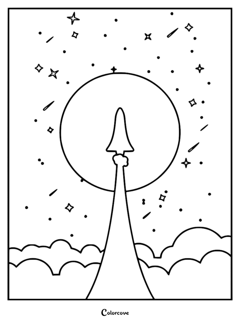 A simple coloring page featuring a rocket ship launching into a starry galaxy past a large moon.