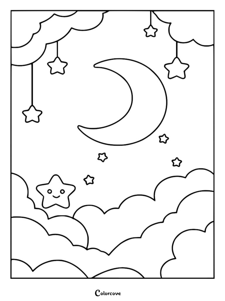 A relaxing galaxy coloring page featuring a crescent moon, hanging stars, and a smiling star amidst fluffy clouds.