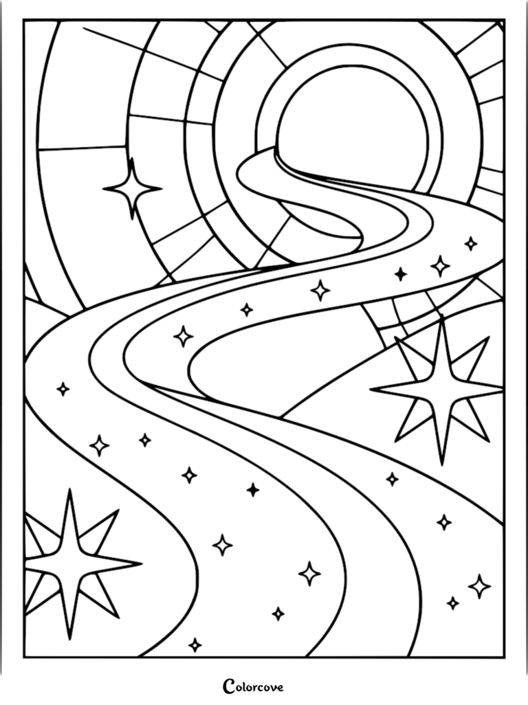 A relaxing galaxy coloring page featuring a winding cosmic path leading into a glowing circular portal surrounded by bright stars.