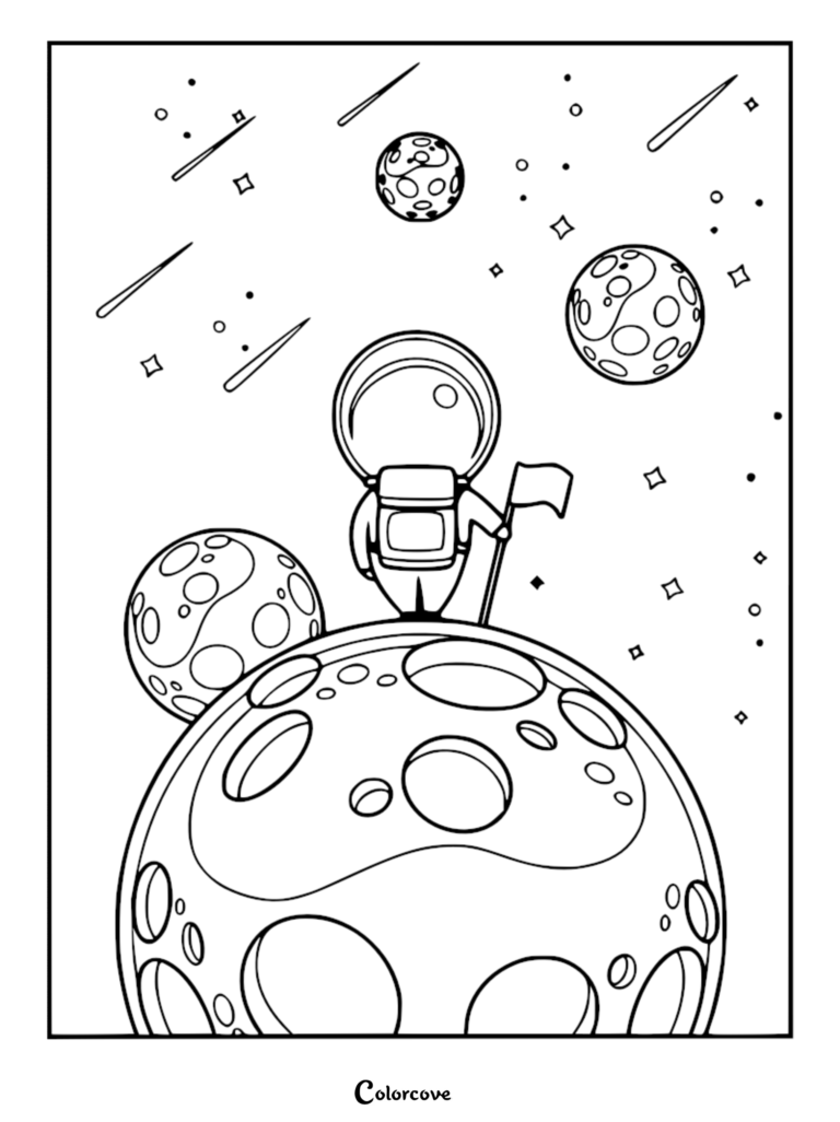 A relaxing galaxy coloring page featuring a cute astronaut planting a flag on a cratered moon surrounded by floating planets and shooting stars.