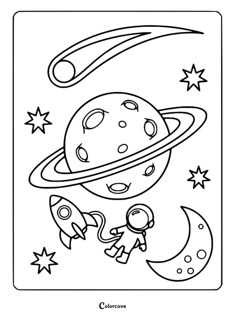 A relaxing galaxy coloring page featuring an astronaut tethered to a rocket ship near a ringed planet, crescent moon, and shooting star.