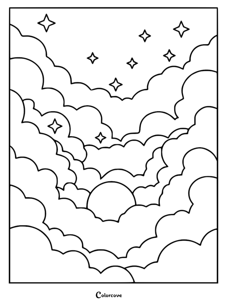 A relaxing galaxy coloring page featuring a bright moon peeking through fluffy clouds under a starry night sky.