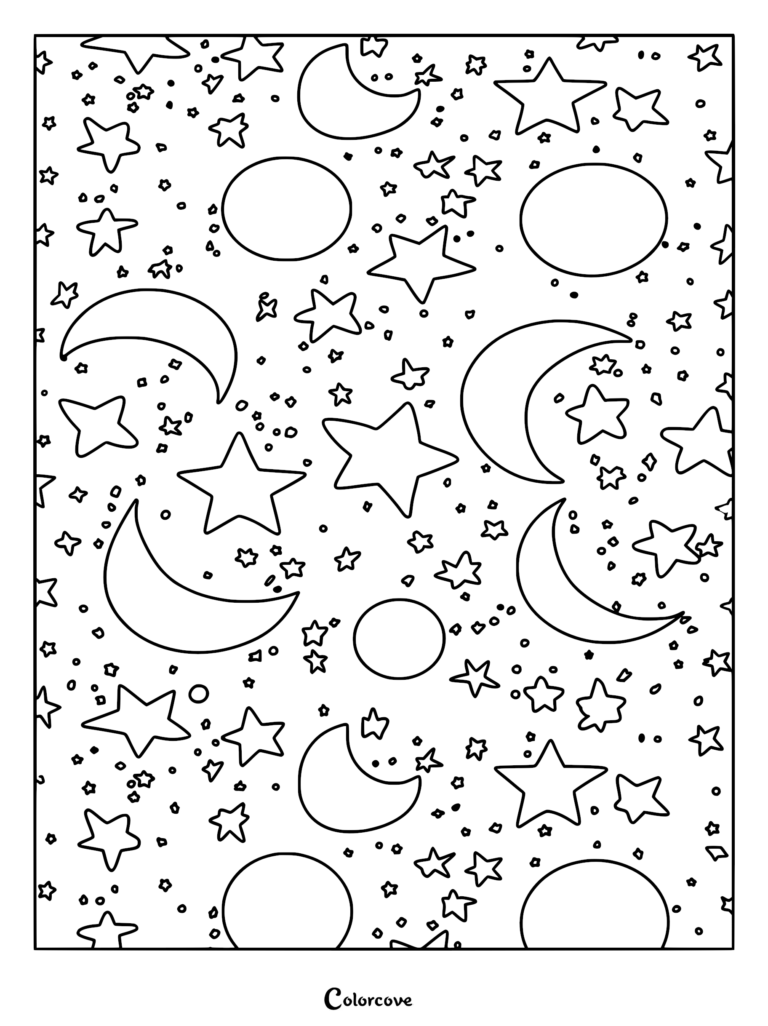 A relaxing galaxy coloring page featuring crescent moons, full moons, and various sized stars scattered across the night sky.