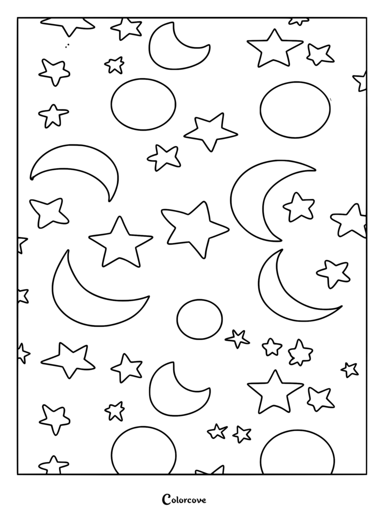 A relaxing galaxy coloring page featuring a repeating pattern of crescent moons, full moons, and various sizes of stars.