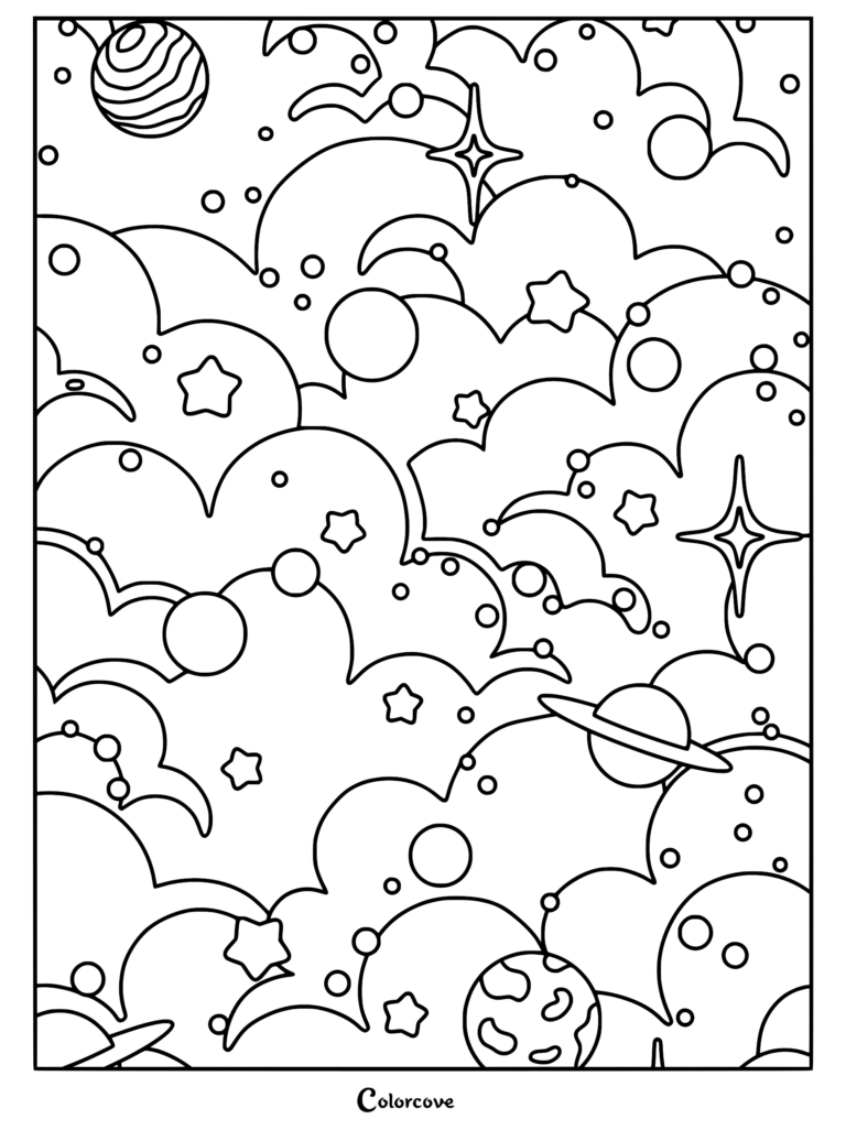 A relaxing galaxy coloring page featuring swirling clouds, various planets, twinkling stars, and sparkling constellations.