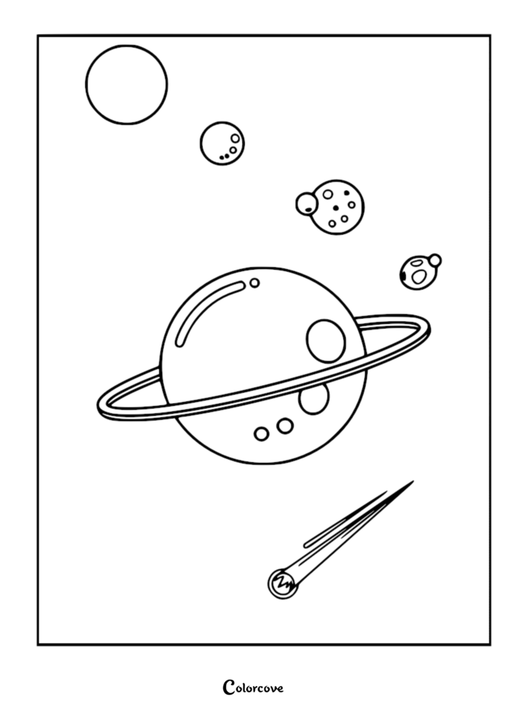 A relaxing galaxy coloring page featuring a large ringed planet, several smaller cratered moons, and a bright comet streaking across space.