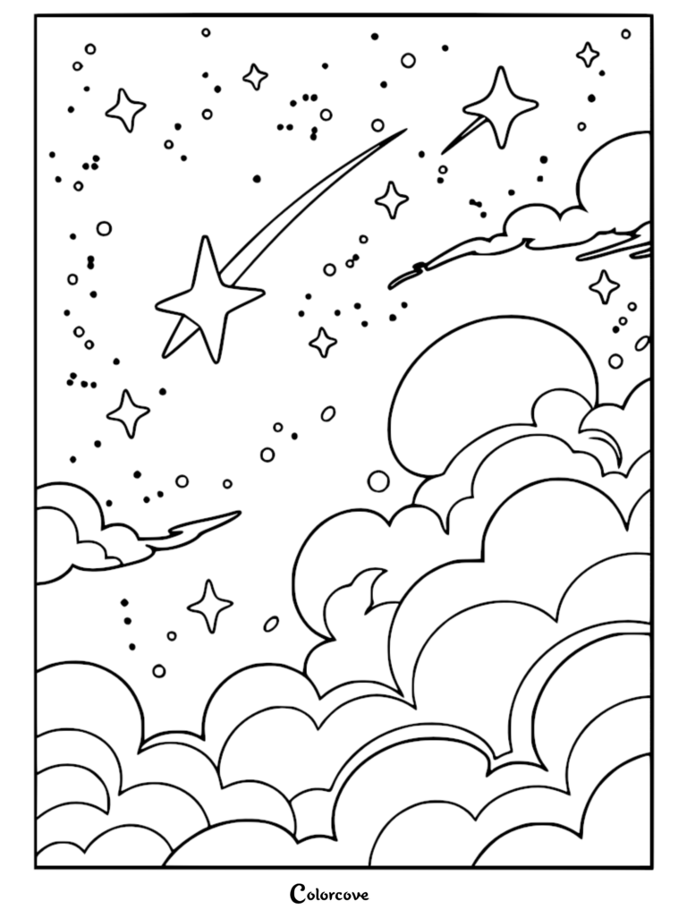 A relaxing galaxy coloring page featuring a bright shooting star, a large moon, and fluffy clouds in the night sky.