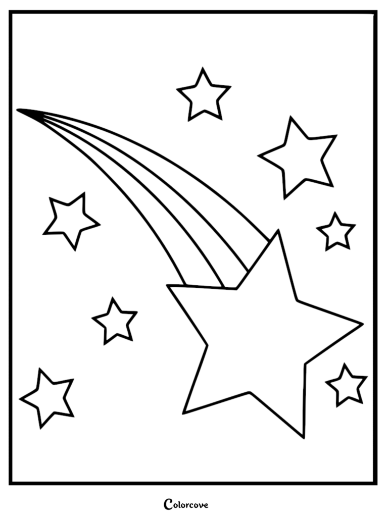 A relaxing galaxy coloring page featuring a large shooting star with a long trail surrounded by smaller twinkling stars.