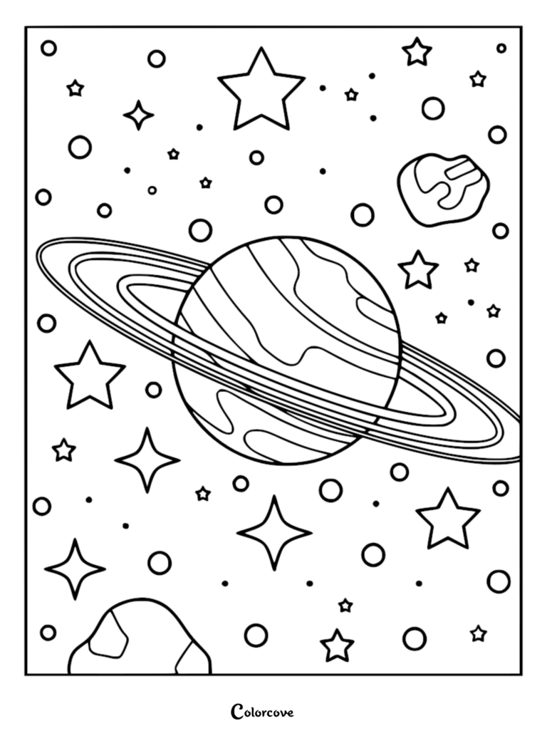A relaxing galaxy coloring page featuring a large planet with prominent rings surrounded by stars, asteroids, and small circular planets.