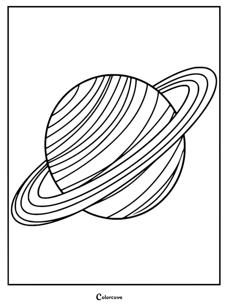 A simple line art coloring page featuring the planet Saturn with prominent rings and striped atmospheric details.