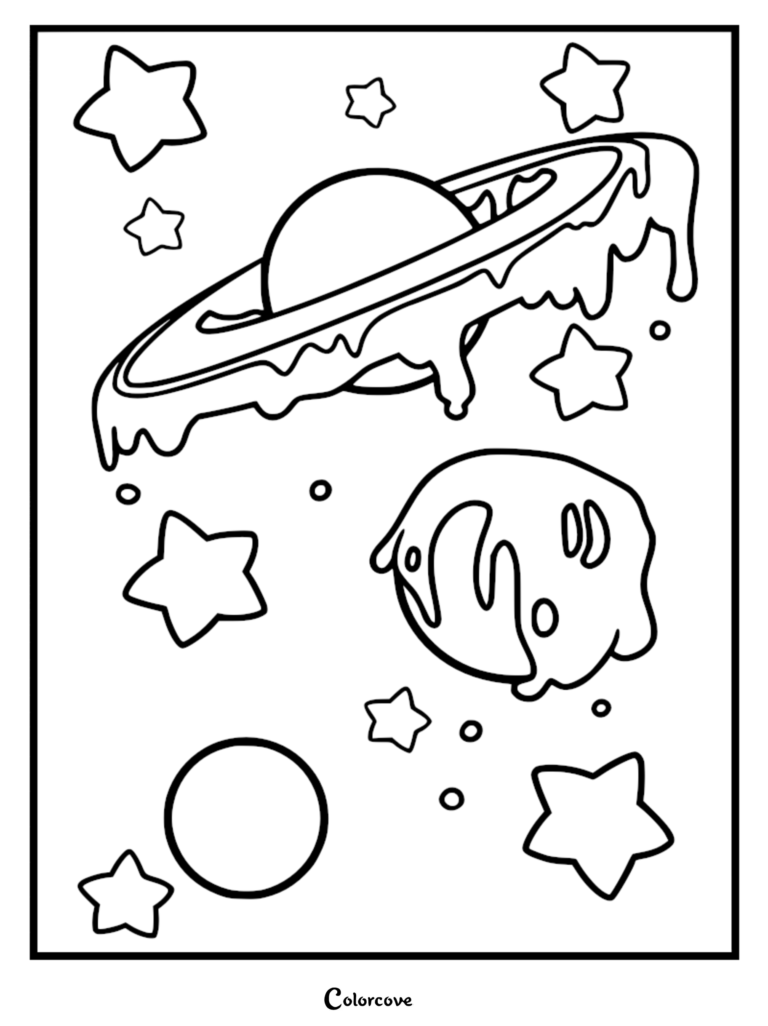 A relaxing galaxy coloring page featuring a melting Saturn-like planet with rings and a smaller melting planet surrounded by floating stars.