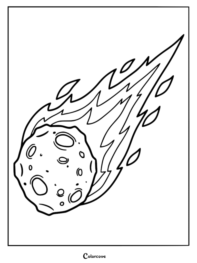 A simple line art coloring page of a cratered meteor streaking through space with a fiery tail.