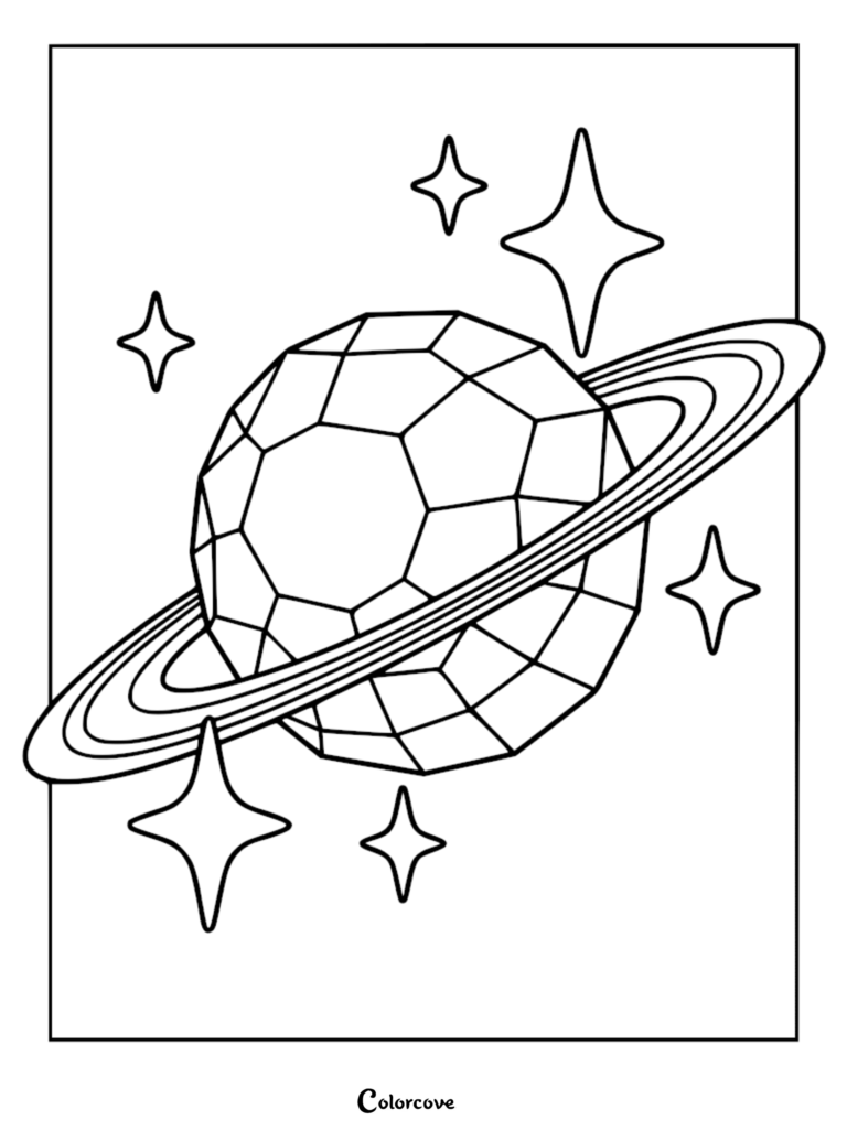 A relaxing galaxy coloring page featuring a faceted, diamond-like planet with rings surrounded by sparkling stars.