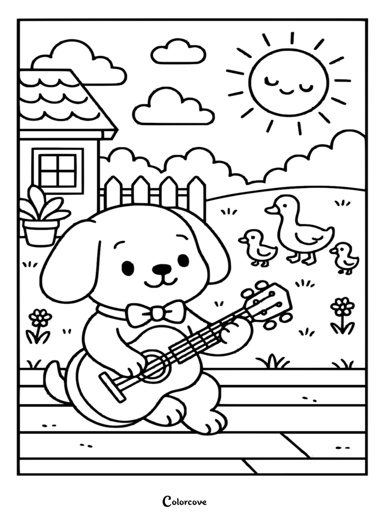 A cute cartoon puppy wearing a bowtie plays a relaxing guitar in a garden with ducks, a sun, and a house, rendered as a line art coloring page.