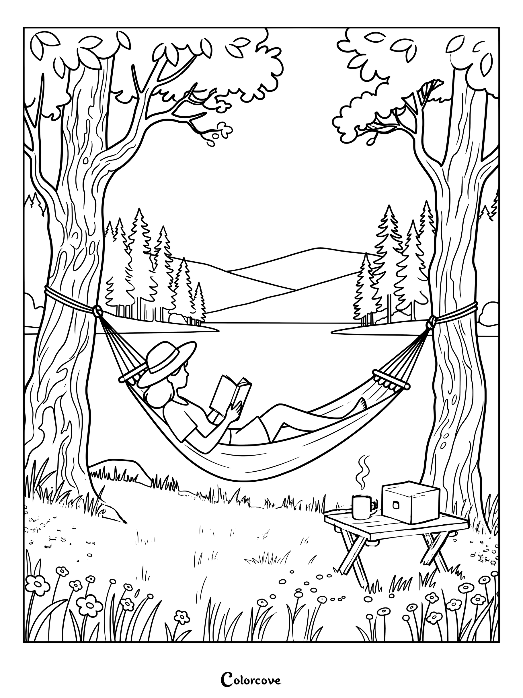 Une femme portant un chapeau de soleil, lisant un livre dans un hamac tendu entre deux arbres au bord d'un lac, figure sur une page de coloriage à imprimer.