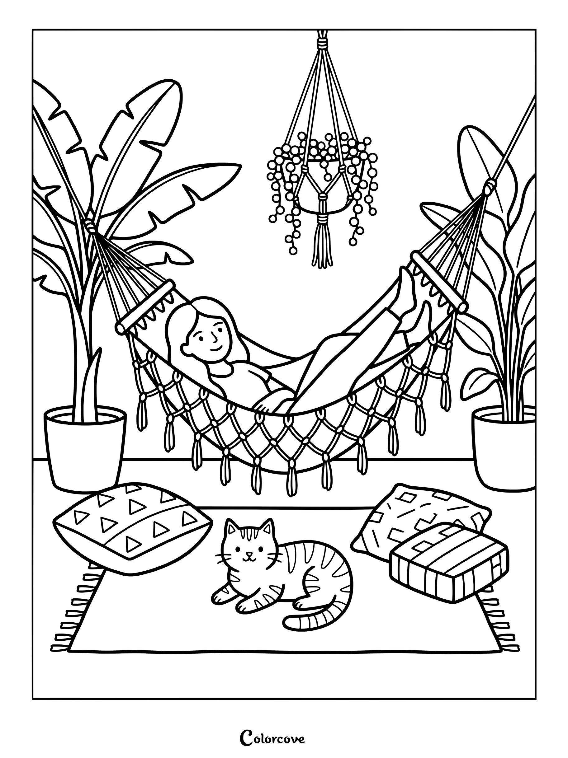 Sur cette page à colorier, une jeune fille se repose dans un hamac en macramé, entourée de plantes en pot, avec un chat tigré sur un tapis.