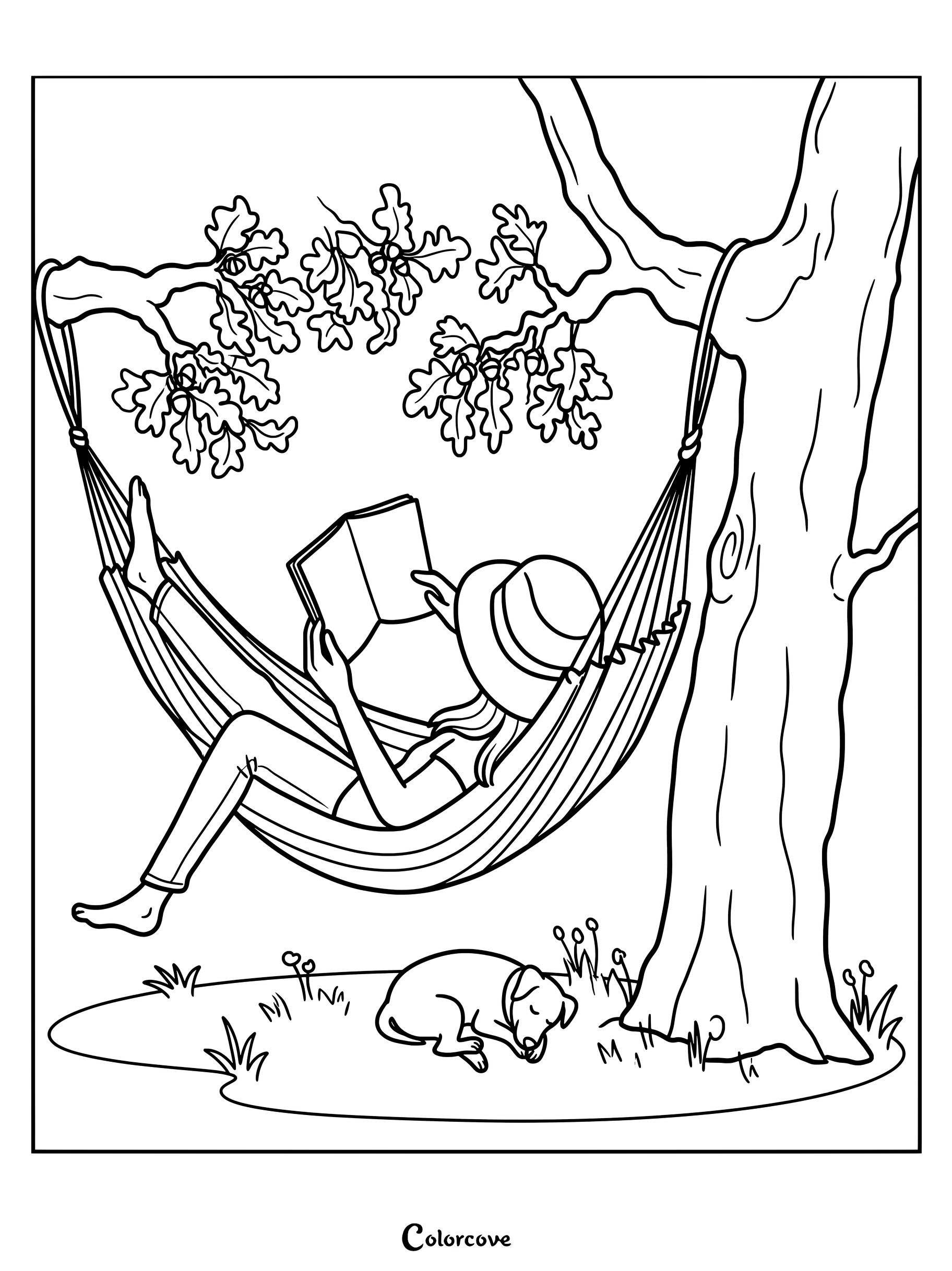 Sur cette page de coloriage à imprimer, une femme portant un chapeau de soleil lit un livre allongée dans un hamac suspendu entre des chênes, tandis qu'un chiot dort sur l'herbe en contrebas.