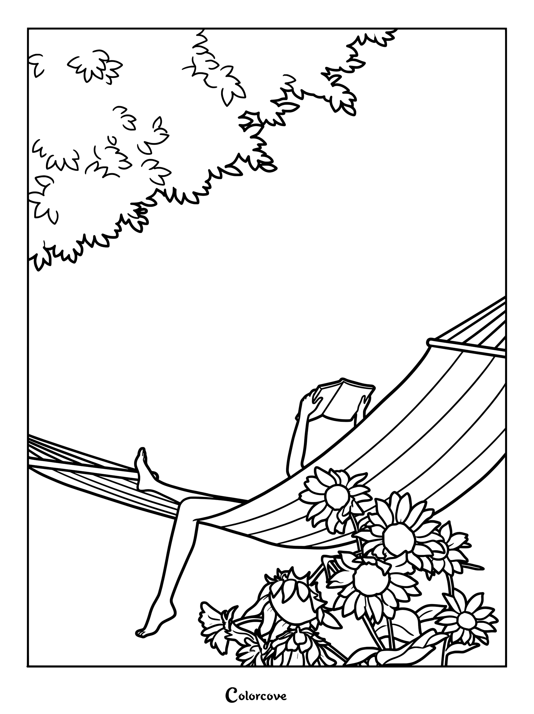Une personne lisant un livre, allongée dans un hamac rayé sous un arbre, entourée de tournesols, sur cette page de coloriage relaxante.