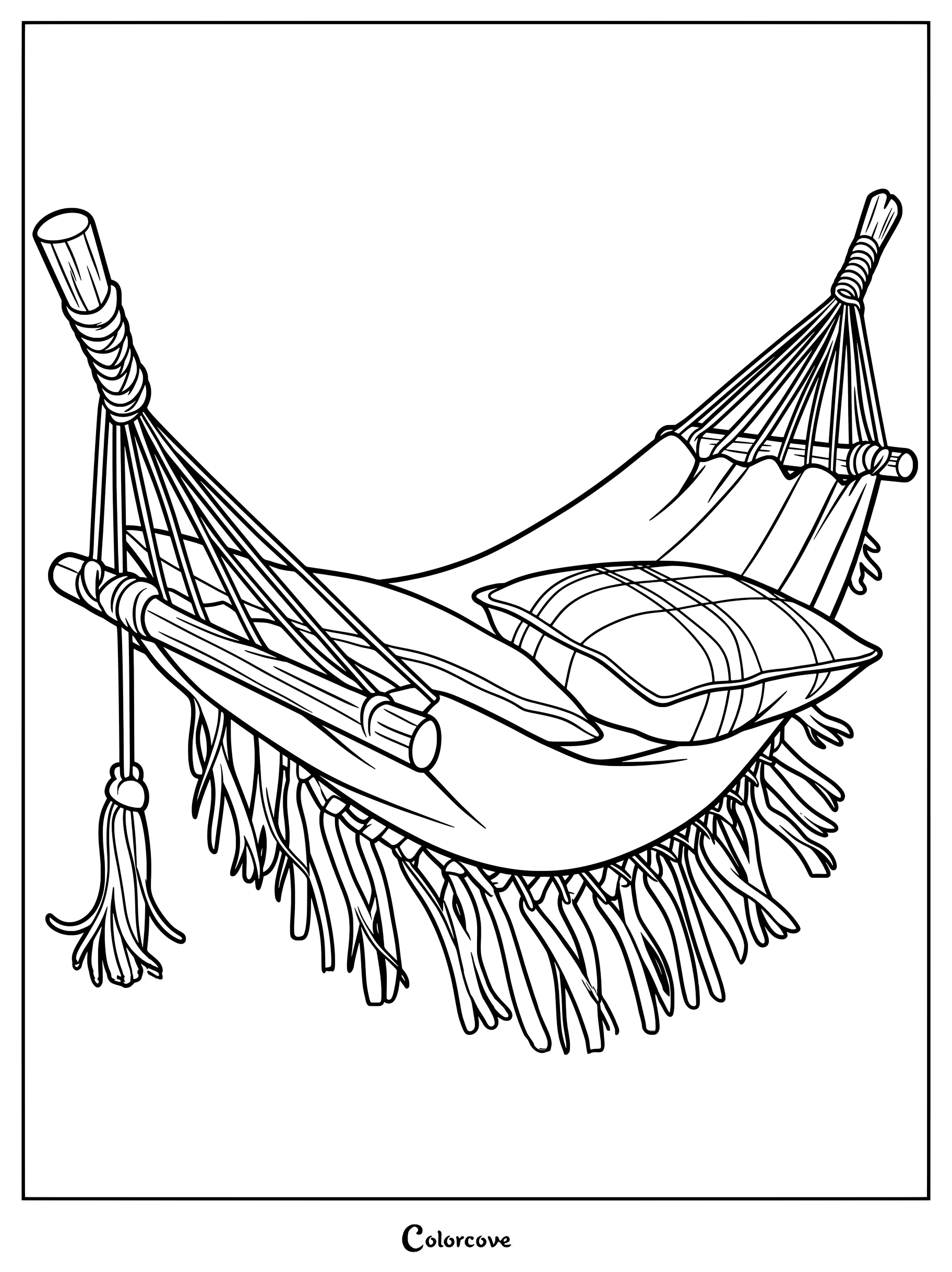 Un hamac relaxant à franges et un coussin à carreaux, dans un style de coloriage en dessin au trait.
