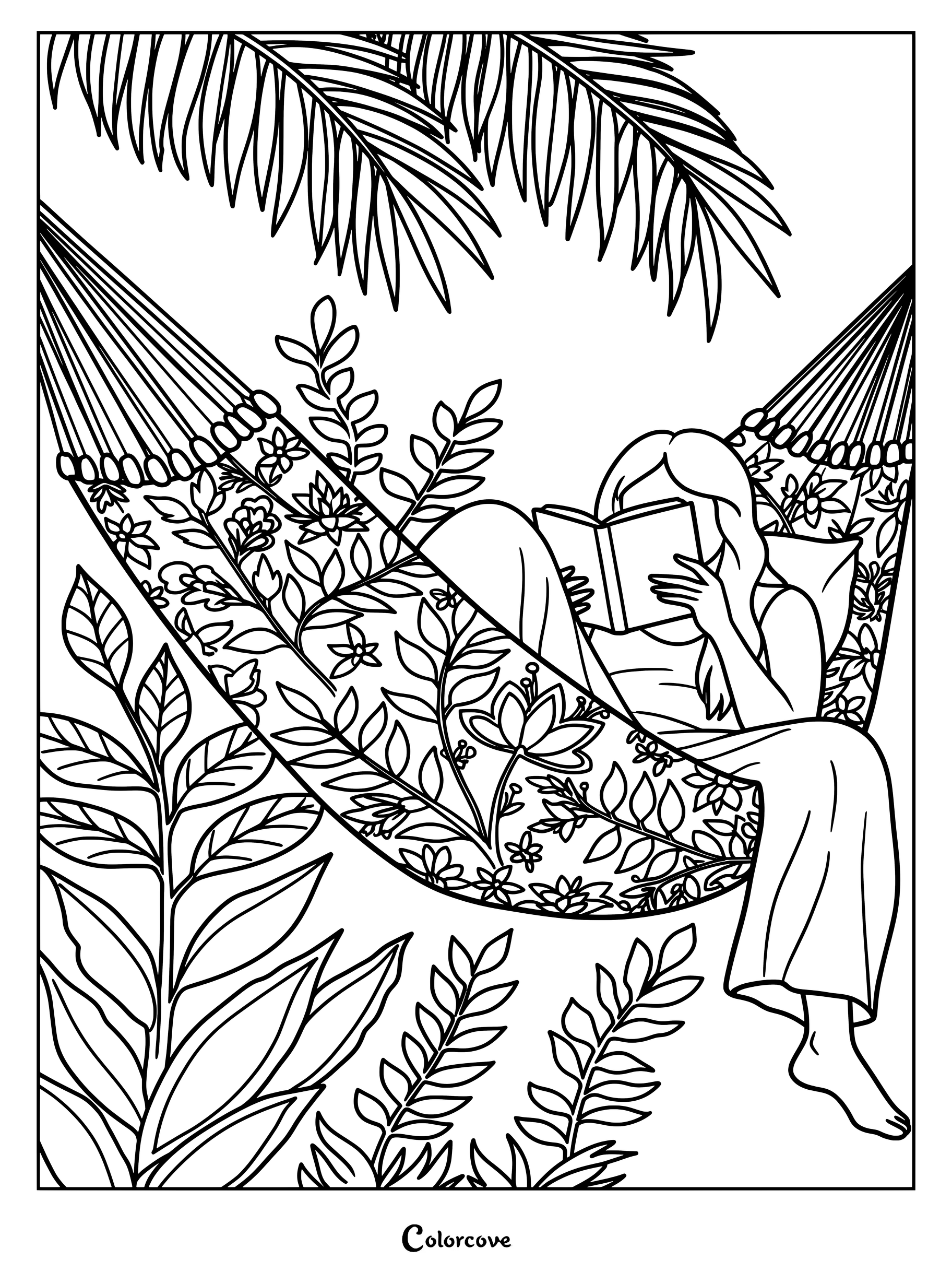 Une femme lisant un livre tout en se relaxant dans un hamac à motifs floraux sous des feuilles de palmier, page de coloriage à imprimer.