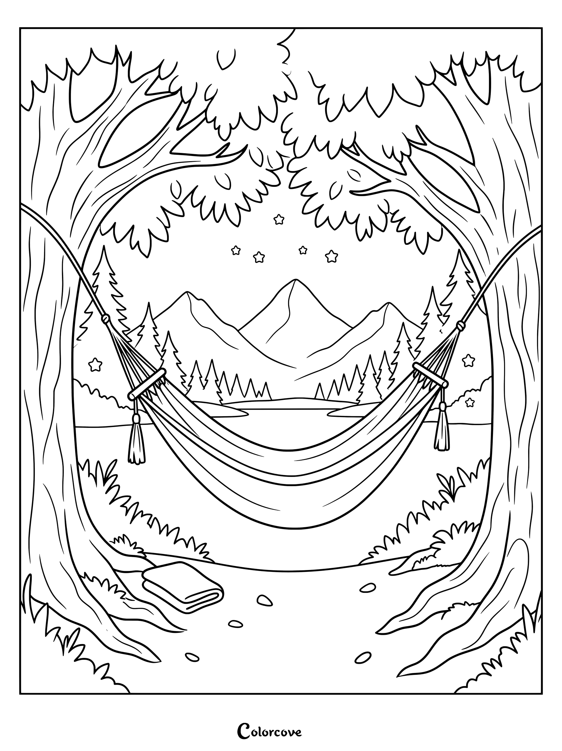 Un hamac relaxant tendu entre deux grands arbres surplombant un lac de montagne, représenté sur une page de coloriage détaillée.