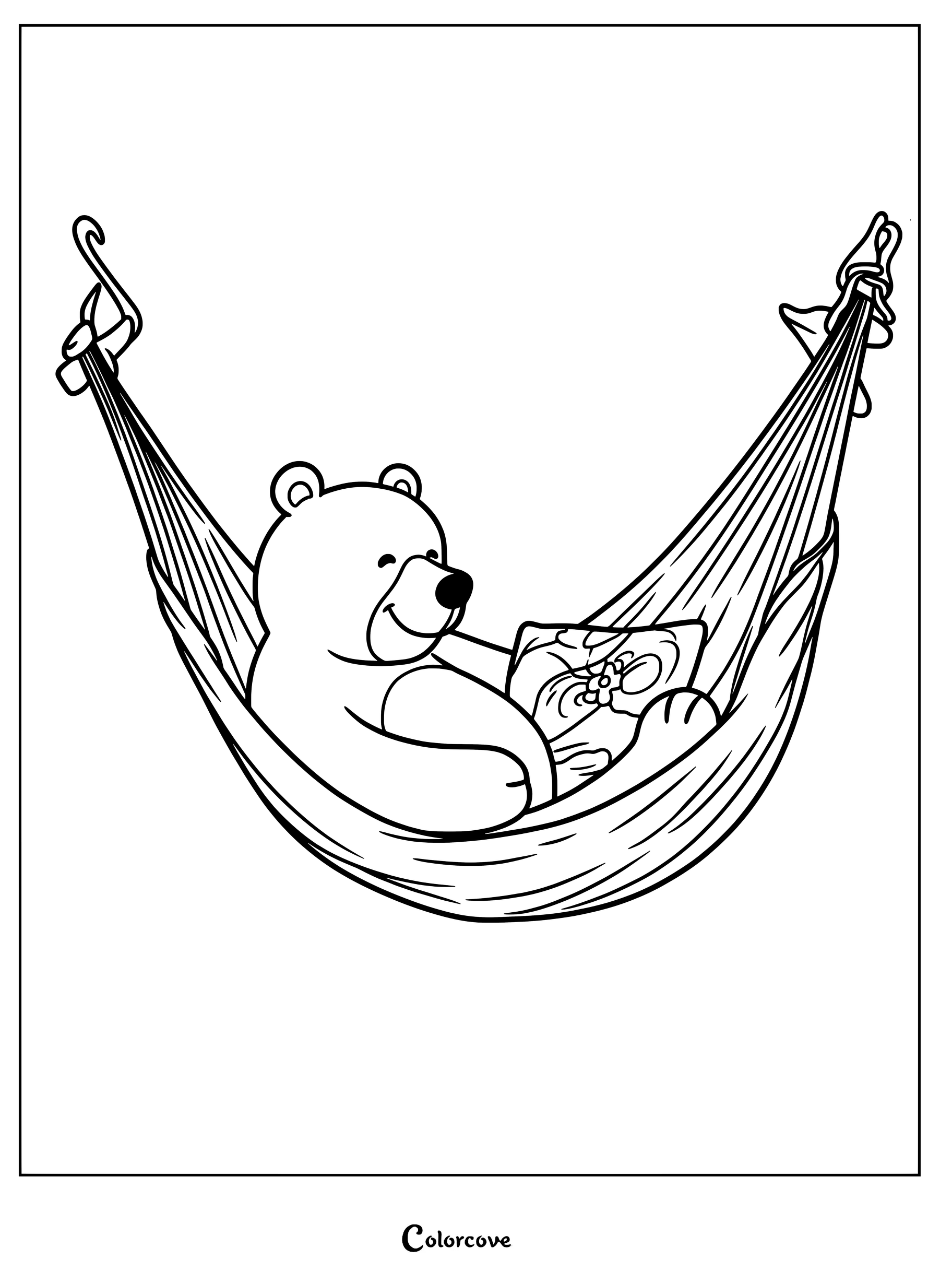 Un adorable ours en train de lire un livre, allongé dans un hamac suspendu ; page de coloriage à imprimer.