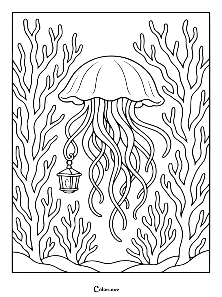A relaxing jellyfish drifting between sea coral, holding a small hanging lantern with one tentacle, black and white line art coloring page.