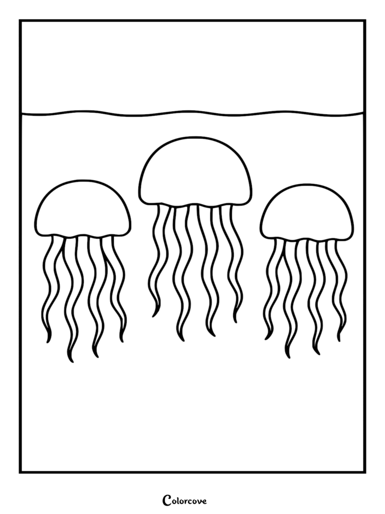 Simple line art coloring page of three relaxed jellyfish floating beneath the ocean surface with wavy tentacles.