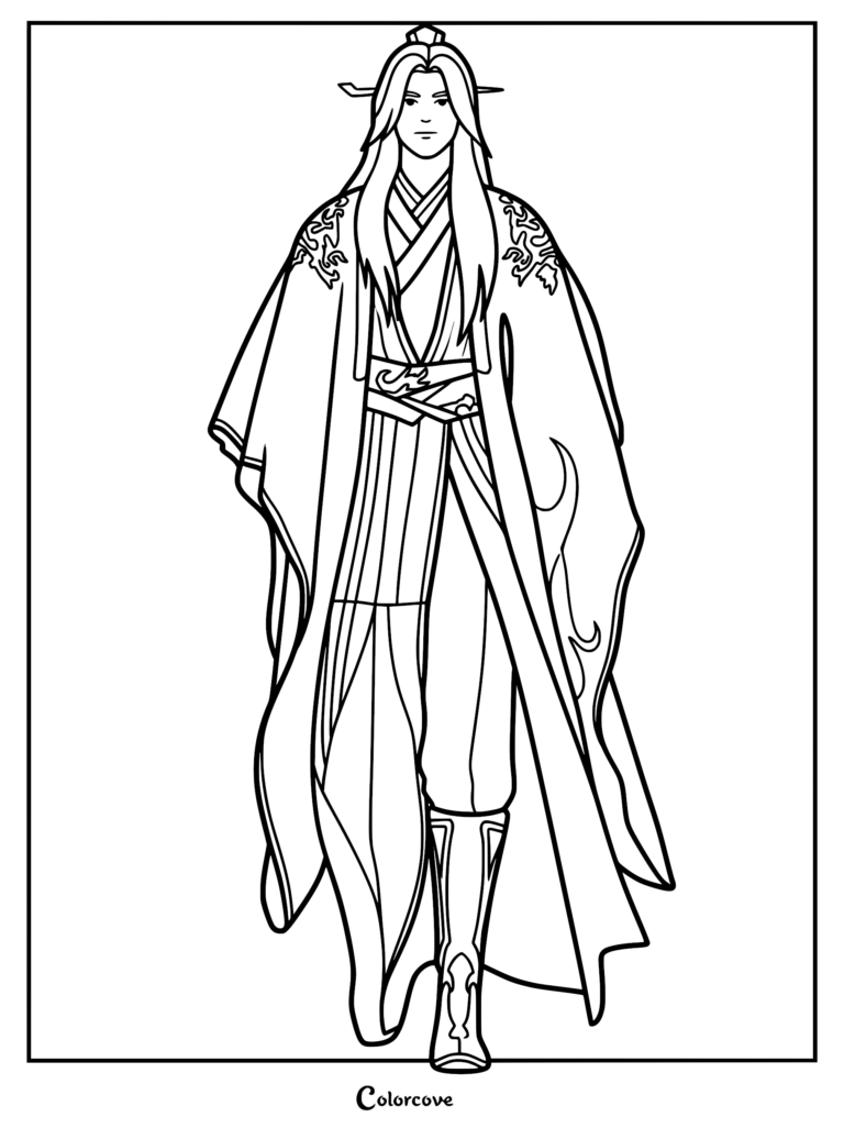 Black and white coloring page of Wang Lin from Renegade Immortal featuring his signature long hair and ornate cultivator robes.