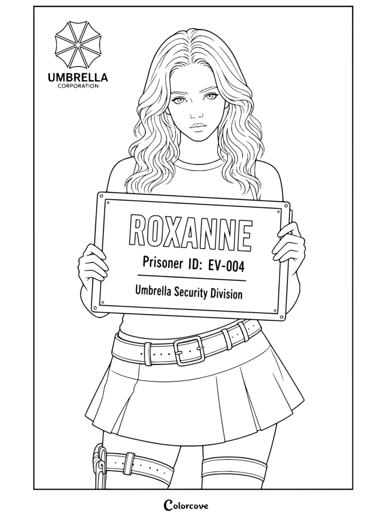 Dibujo para colorear de Resident Evil con Roxanne sosteniendo un cartel de prisionera de la División de Seguridad de Umbrella con la identificación EV-004.