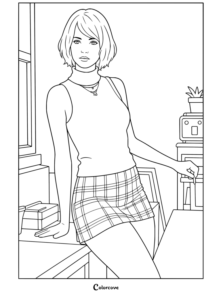 Dibujo para colorear imprimible de Resident Evil con Ashley Graham con jersey de cuello alto y falda de cuadros apoyada en un escritorio.