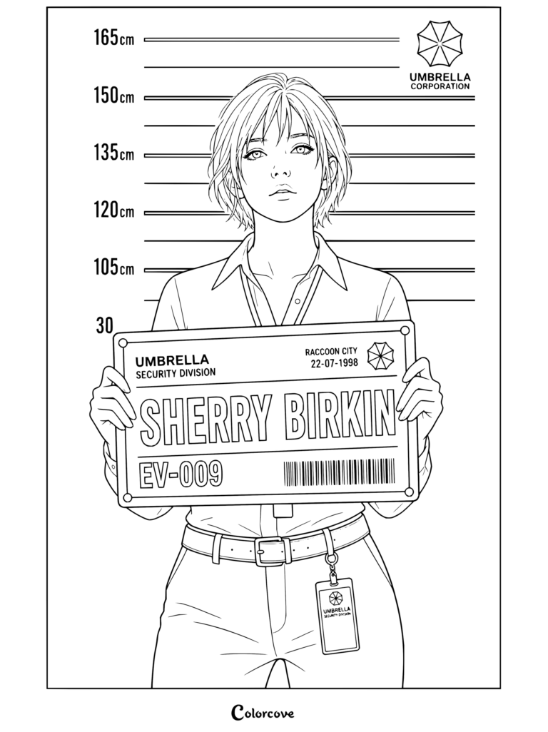 Dibujo para colorear imprimible de Resident Evil con Sherry Birkin sosteniendo un cartel de reclusa de la División de Seguridad de Umbrella frente a una escala de estatura.