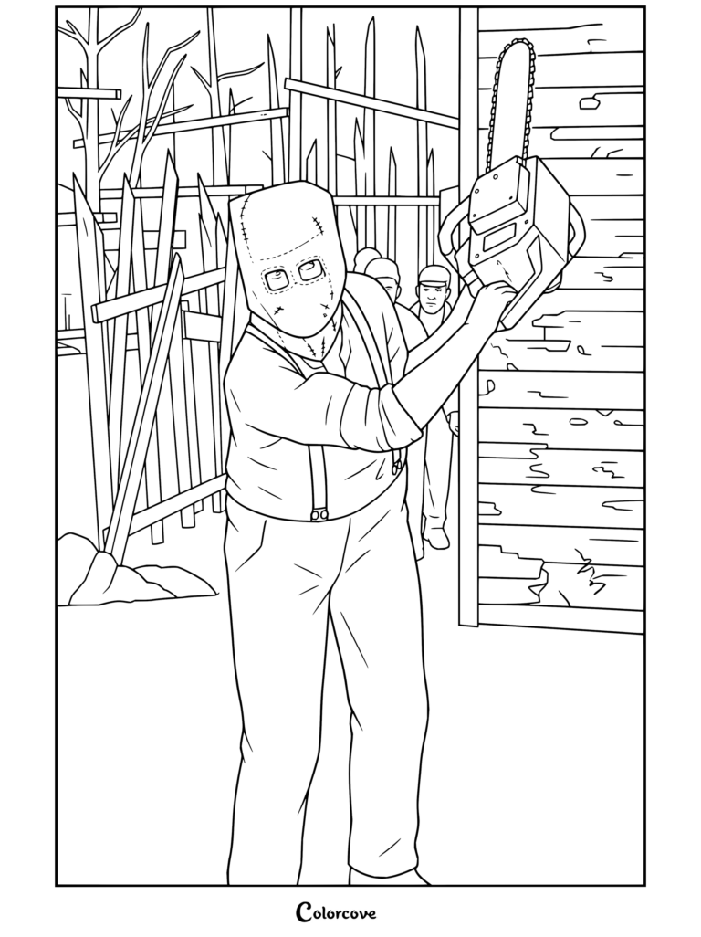 Dibujo para colorear imprimible de Resident Evil que presenta al Hombre de la motosierra Dr. Salvador de RE4 sosteniendo una motosierra cerca de una estructura de madera.