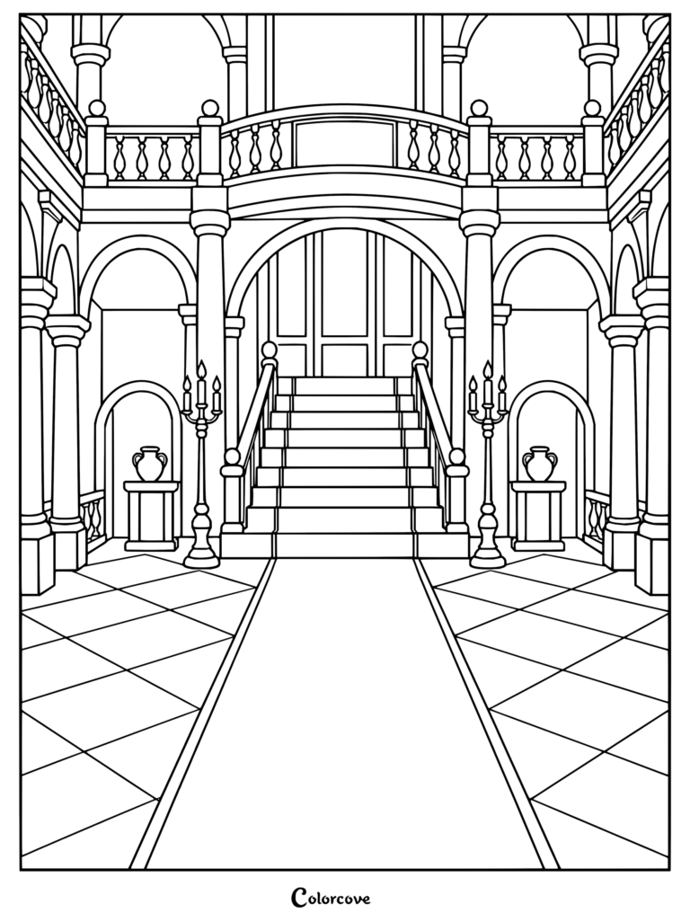 Dibujo para colorear de la gran escalera de la mansión de Resident Evil que muestra el majestuoso vestíbulo con suelo ajedrezado, escalones centrales, columnas y balcones ornamentados.