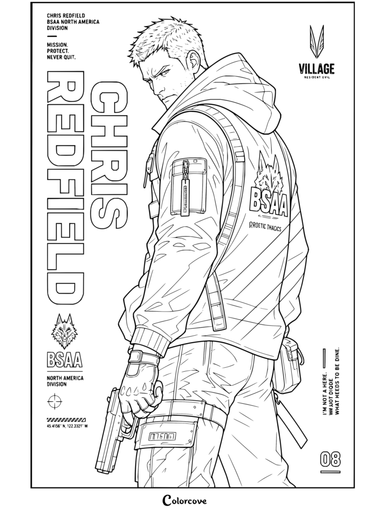 Dibujo para colorear imprimible de Chris Redfield de Resident Evil Village sosteniendo una pistola con su chaqueta táctica.
