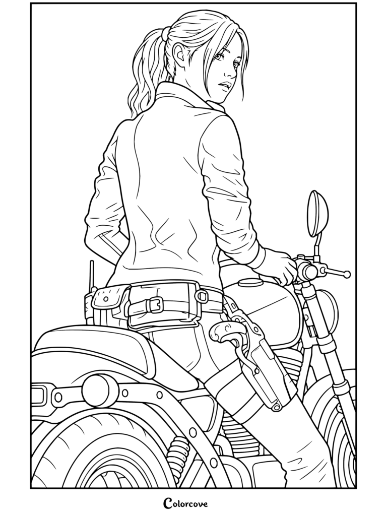 Dibujo para colorear gratuito de Claire Redfield de Resident Evil 2 sentada en una motocicleta, mirando sobre su hombro con una bolsa lateral y una pistola enfundada.