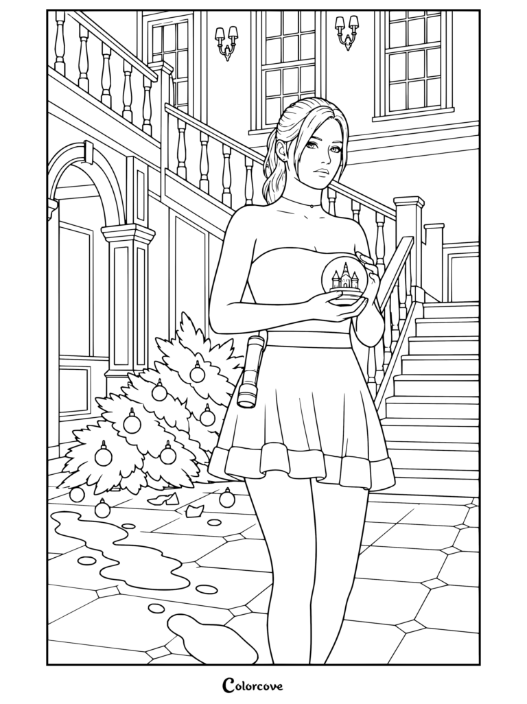 Dibujo para colorear imprimible de Resident Evil con Claire Redfield sosteniendo una bola de nieve en un gran pasillo junto a un árbol de Navidad caído.