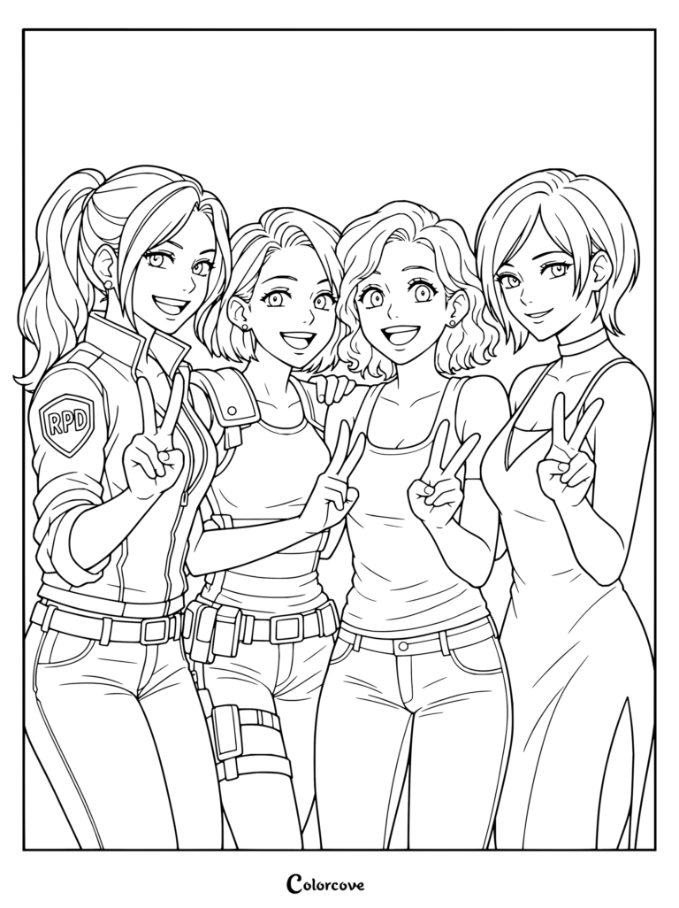 Dibujo para colorear imprimible de Resident Evil con Claire Redfield, Jill Valentine, Ashley Graham y Ada Wong posando juntas haciendo el signo de la paz.