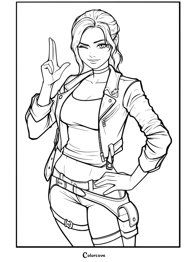 Dibujo para colorear imprimible de Resident Evil de Claire Redfield guiñando un ojo y haciendo el gesto de disparar con los dedos.