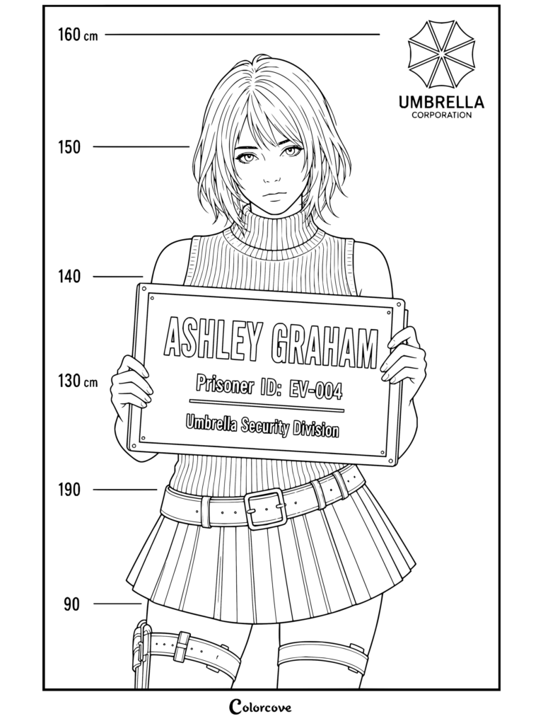 Dibujo para colorear imprimible de Resident Evil con Ashley Graham sosteniendo un cartel de prisionera de la Corporación Umbrella frente a una escala de estatura.