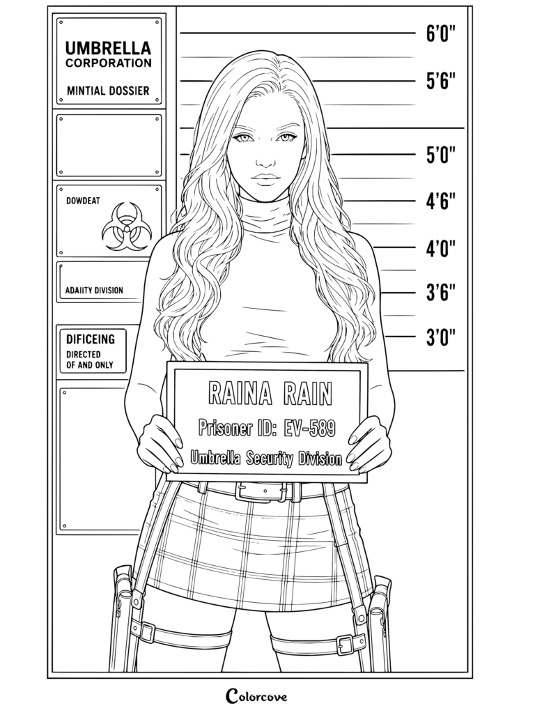 Dibujo para colorear de Resident Evil con Raina Rain sosteniendo un cartel de prisionera frente a una escala de estatura de la Corporación Umbrella.
