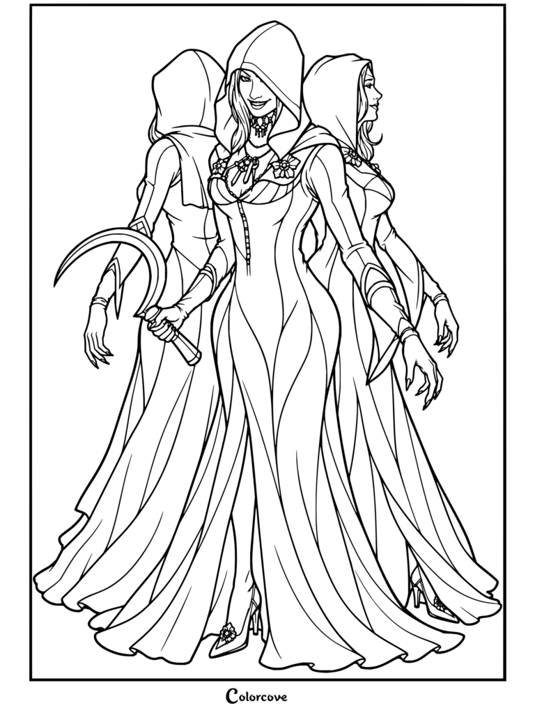 Dibujo para colorear imprimible de las hijas de Dimitrescu de Resident Evil Village, con Bela, Cassandra y Daniela con vestidos con capucha sosteniendo una hoz.